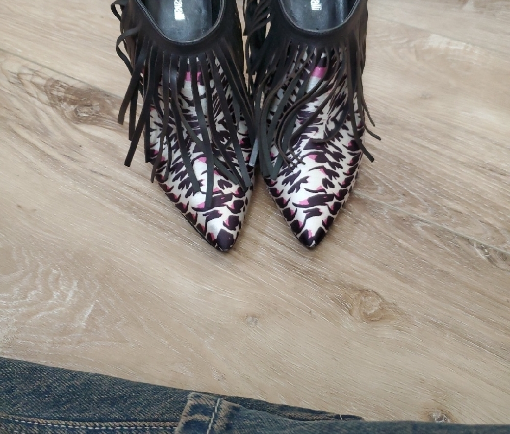 Just Cavalli Black and Purple Satin Boot With Black Leather Fringe Overlay - Picture 3 of 8